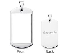 an engravable dog tag with the name front and back engraved in silver on a white background