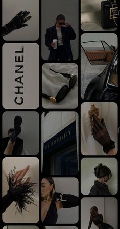 a collage of photos showing different types of clothing and accessories, including black gloves