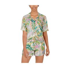 Our Natural Reflections� Tropical Resort Button-Down Short-Sleeve Shirt for Ladies delivers style and comfort befitting of a tropical vacation. Made from 100% viscose, this women's tropical shirt is incredibly soft, plus the colorful print provides island vibes. A full button front makes it easy to get on and off. Enjoy softness and style made for relaxation and warm weather in our Natural Reflections Tropical Resort Button-Down Short-Sleeve Shirt for women. Body Length (Based on Size M): 24.5". Spring Tropical Print Tops For Loungewear, Tropical Vacation Shirt With Relaxed Fit, Collared Beachwear Tops, Collared Relaxed Fit Tops For Beachwear, Green Palm Tree Print Top With Camp Collar, Green Camp Collar Top With Palm Tree Print, Tropical Vacation Tops With Camp Collar, Tropical Tops With Camp Collar For Vacation, Tropical Collared Top For Beach