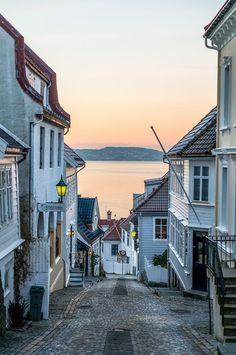 a cobblestone street with houses and water in the background