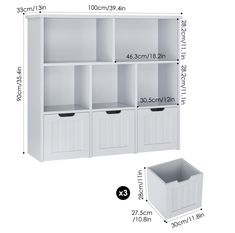 a white bookcase with drawers and bins next to the measurements for each shelf