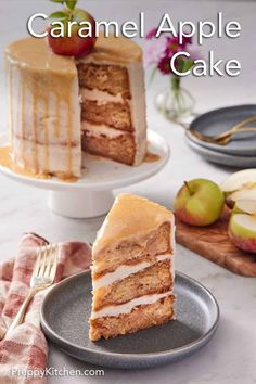 a slice of caramel apple cake on a plate with the rest of the cake in the background