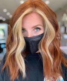 Medium Length Red Hair With Blonde Highlights, Strawberry Blonde With Money Piece, Copper Hair With Blonde Money Piece, Blonde Money Piece, Bleached Bangs, Money Pieces, Blonde Streaks