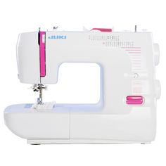 the sewing machine is white and pink with a red frame around it that says, juki