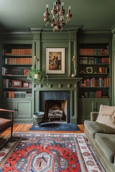 a living room filled with furniture and a fire place in front of a book shelf