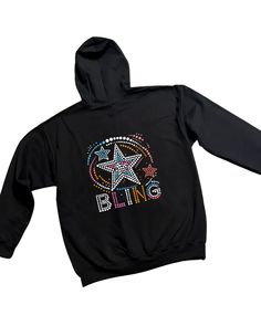 Bling Stars Rhinestone Zip-Up Hoodie A classic black zip-up hoodie, featuring a colorful Bling Stars rhinestone design for sparkle lovers. This adorable design, gives you the perfect sparkle look for those who love hoodies, comfort and sparkle. Design created with a mix of Pink, Blue, Orange and Crystal Rhinestones Hoodie comes styled with the adorable Bling rhinestone design on the back as featured in the photos. Unisex - Adult Sizing *** Please Note: We can make this design using other color r Winter Hoodie With Rhinestones, Black Rhinestone Hoodie For Winter, Sports Team Apparel, Rhinestone Hoodie, Sparkle Design, Summer Clearance, Long Sleeve Outerwear, Black Zip Ups, Rhinestone Designs