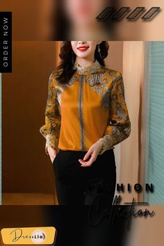 Back to School Outfit Fashion Printed Silk Shirt Women's Spring New Temperament High-end Embroidered Shirt Stand-up Collar Long-sleeved Top Long Sleeve Tops With Embroidered Sleeves For Work, Elegant Long Sleeve Embroidered Shirt, Embroidered Collar Top For Fall, Embroidered Fall Tops With Collar, Elegant Yellow Embroidered Blouse, Elegant Embroidered Yellow Top, Elegant Yellow Embroidered Top, Yellow Long Sleeve Blouse With Floral Embroidery, Elegant Yellow Long Sleeve Shirt