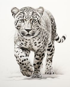 a black and white drawing of a snow leopard on the prowls, walking