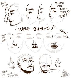 various facial expressions drawn in black and white with the words nose bumps above them,