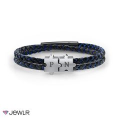 This men’s bracelet features two interconnecting puzzle pieces for a sentimental touch. Our braided genuine leather & blue silk double wrap bracelet in sterling silver is available in three sizes and is secured with a stainless steel snap lock clasp for just the right fit. Personalize with engraved initials on each puzzle piece for the complete look! Men's Leather Bracelets, Homemade Bracelets, Diy Leather Bracelet, S Bracelet, Engraved Initials, Double Wrap Bracelet, Snap Lock, Mens Bracelet Silver, Puzzle Piece