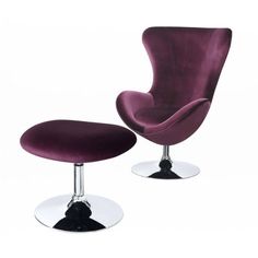 an egg chair and footstool in purple velvet