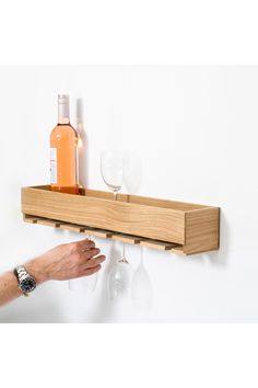 Wooden Glass Holder Shelf | Wireworks | Woodfurniture.com Hanging Wine Glass Rack, Wine Rack Design, Wine Shelf, Kitchen Hanging, Serving Ware, Unique Home Accessories, Bar Displays, Kitchen Organisation, Wine Glass Rack