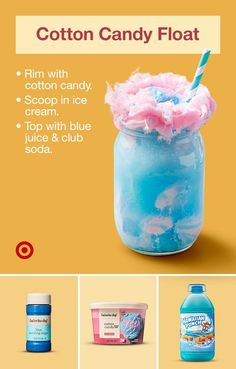 an advertisement for cotton candy float with different flavors