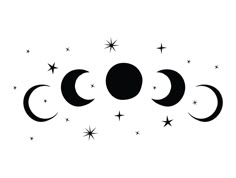 three phases of the moon with stars in the sky, black on white background illustration