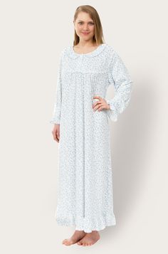 "This ultra-soft knit nightgown is accented with ruffles, a faux button closure, and gathers, so you can sleep in comfort and style. Featuring two different prints, two long sleeved styles, and one short sleeved style, these are perfect to wear year round. Get them embroidered for a gift or treat yourself! * NO-HEADACHE SIZES - Choose between three easy sizes: 🌺 S/M fits women's sizes 2 to 12 🌺 L/XL fits women's sizes 14 to 18 🌺 XXL fits women's sizes 20-22 * FLATTERING LENGTH - 47\" in lengt Long Sleeve Ruffled Nightgown For Loungewear, Ruffled Long Sleeve Sleepwear, Long Sleeve Ruffled Sleepwear, Long Sleeve Ruffled Nightgown, Fitted Ruffle Nightgown For Bedtime, Fitted Long Sleeve Nightgown For Sleep, Fitted Long Sleeve Nightgown, Fitted Ruffled Nightgown For Sleep, Fitted White Nightgown For Hospital