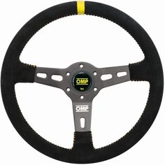 steering wheel with black spoke and yellow stitching on the center piece, for racing