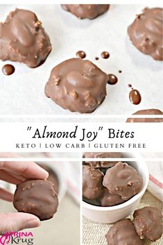 chocolate covered almond joy bites with the words almond joy bites above it and below them