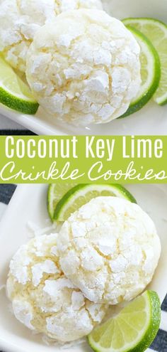 coconut key lime crinkle cookies on a white plate with limes around the edges