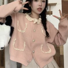 Kawaii Pink Cardigan, Cute Long Sleeve Buttoned Cardigan, Cute Long Sleeve Sweater With Button Closure, Korean Pastel Outfits, Cute Winter Button-up Cardigan, Cute Button-up Cardigan With Buttons, Cute Button-up Winter Sweater, Cute Buttoned Cardigan For Fall, Cute Button-up Sweater For Winter