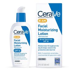 CeraVe AM Face Moisturizer SPF 30 is an oil-free daily face lotion with spf and hyaluronic acid that offers UV protection and ceramides help restore the skin's barrier. This CeraVe face moisturizer with sunscreen is a hydrating facial lotion that spreads easily, is absorbed quickly, and leaves a non-greasy finish. Non-comedogenic face sunscreen won't clog pores, so is suitable for all skin types. This CeraVe sunscreen moisturizer features three essential ceramides, hydrating hyaluronic acid and Cerave Sunscreen, Moisturizer With Sunscreen, Cerave Moisturizer, Target Shopping, Spf Face Moisturizer, Cerave Skincare, Affordable Skincare, Dc Trip, Facial Lotion