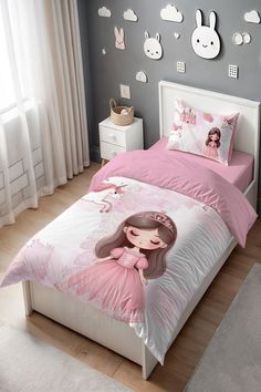 a bed room with a neatly made bed and pink comforter on top of it