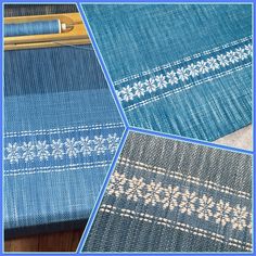 four pictures show different types of blue and white fabric, including one with an embroidered design