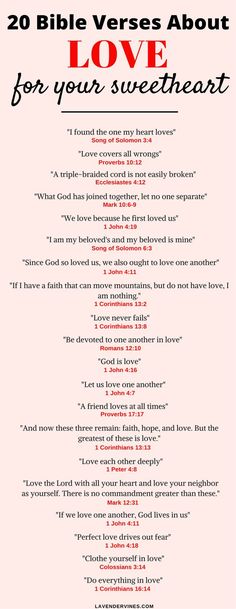 the 20 bible verses about love for your sweet heart, written in red and black