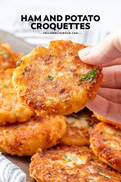 someone is holding up some crab cakes on top of a plate with the words, ham and potato croquettes