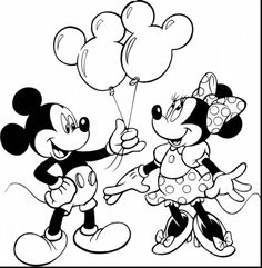 two mickey and minnie mouses with balloons in their hands coloring pages for kids to color