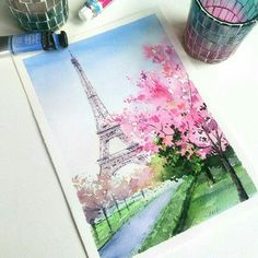 a watercolor painting of the eiffel tower with pink flowers in front of it