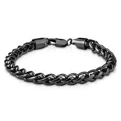 Spiga Wheat Chain Bracelet Black Stainless Steel Rocker Biker Gothic Silver Nose Ring, Labret Studs, Metal Chain Link, Bracelet Black, Bracelet Clasps, Black Stainless Steel, Quality Jewelry, Stainless Steel Bracelet, Diamond Shapes