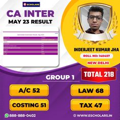 the poster for ca inter result is displayed in front of a purple and yellow background