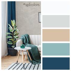 a living room with blue, green and beige colors in the color scheme for walls