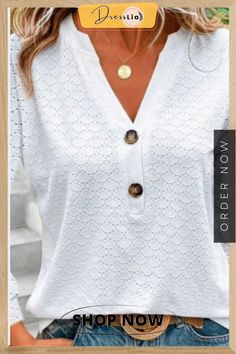 Classic and Cool Shirt Casual Crew Neck Blouse For Brunch, Trendy Long Sleeve Shirt For Brunch, White Tops With Button Closure And Relaxed Fit, Chic Long Sleeve T-shirt With Relaxed Fit, Chic Long Sleeve Relaxed Fit T-shirt, Chic Crew Neck Tops With Button Closure, White Button-up Tops For Fall, Elegant Crew Neck Top With Button Closure, Casual V-neck Shirt For Brunch