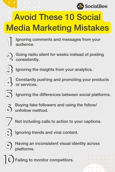 an info sheet with the words avoid these 10 social media marketing mismats on it