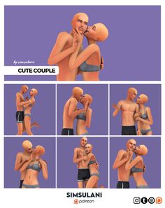 an animated couple kissing each other with different expressions on their face and chest, in various poses