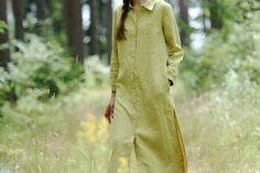 "FREE FedEx EXPRESS upgrade delivery for order over 100 EUR (exception - remote areas and Australia or New Zealand). FREE gift for all orders - our linen color samples. Linen shirt dress ELIZABETE - mid-calf length long sleeve linen dress with collar and button closure features slits on both sides. Perfect for summer days, work wear and casual everyday outings. FABRIC: 100% pre-washed softened linen, 205 g/m2, 6 oz/yd2 OEKO-TEX standards certified linen The length of this dress is around 50.7 inches (129 cm). Model is wearing S size in color - Kiwi. The model is 5'7\"/172 cm - bust 35in/89cm, waist 29.1in/74cm, hips 38.9in/99cm. Model usually wears S or M size. Size chart and color options can be found in last listed pictures. Please choose color and size from the side menu.  *actual color Spring Long Sleeve Linen Dress With Pockets, Long Sleeve Linen Dress With Pockets, Casual Linen Dress With Button Cuffs For Spring, Spring Long Linen Shirt Dress, Spring Linen Long Shirt Dress, Long Linen Shirt Dress For Spring, Green Linen Shirt Dress For Summer, Spring Flax Linen Dress With Pockets, Spring Linen Long Sleeve Shirt Dress