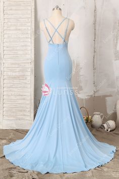 Ice Blue Plunging Crisscross High Slit Mermaid Dress - Lunss Gala Attire, Gowns Blue, Evening Fashion, Blue Mermaid, Mermaid Fashion, Dress Silhouette, Prom Party, Mermaid Dress, Evening Dresses Prom