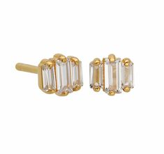 Get ready to dazzle with these art deco-inspired Stud Earrings. Featuring three Baguette White CZ stones set in 18k gold plated brass. Deco will add a touch of elegance to any outfit! Recycled, eco-friendly brass and gold 18k gold plated with PVD coating Gold Cubic Zirconia Baguette Earrings, Gold Art Deco Jewelry With Baguette Diamonds, Art Deco Gold Jewelry With Baguette Diamonds, Gold Earrings With Baguette Diamonds As Gift, Gold Baguette Earrings For Anniversary, Pvd Coating, Neck Chain, Art Deco Inspired, Cz Stone