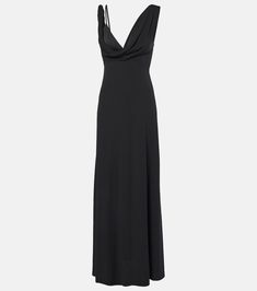 Twist draped crêpe jersey maxi dress in black - Toteme | Mytheresa Pre-draped Cowl Back Maxi Dress For Evening, Pre-draped Maxi Dress With Side Slits, Pre-draped Maxi Dress With Cowl Back For Gala, Pre-draped Draped Maxi Dress For Evening, Formal Pre-draped Maxi Dress With Cowl Back, Chic Black Maxi Dress With Cowl Back, Chic Cowl Back Maxi Dress For Evening, Maxi Length Evening Dress With Ruched Bodice For Dinner, Chic Evening Maxi Dress With Cowl Back