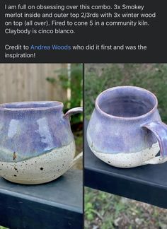 two different pictures of a blue and white pottery cup on a table with the caption'i am not obsesing over this corbi