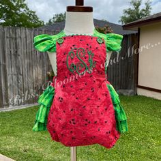 Watermelon themed ruffled bottom baby romper with optional name or monogram on front.  Romper features ruffles on the bottom and straps, and ricrac trim on front.  Message me for alternate fonts and fabric options.  Made to order in a smoke free environment. Playful Fitted Green Bubble Romper, Fitted Ruffle Onesie For Summer, Fitted Summer Onesie For Birthday, Fitted Onesie For Summer Birthday, Fitted Red Bubble Romper With Ruffles, Customizable Fitted Onesie For Summer, Fitted Bubble Romper With Ruffles For Birthday, Fitted Ruffles Bubble Romper For Birthday, Girls Rompers