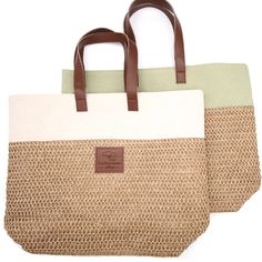 Summer Raffia Tote Treat yourself to this stylish and functional Summer raffia tote bag. Whether you are beachgoing, lounging around the resort, or heading out for the day on a sunny afternoon, this bag is your go-to resort wear tote. Made from raffia and canvas with a cotton lining, this bag is large enough to store your must-haves for your day out. Available in beige or soft apple green canvas trim. The handles and logo patch are made with vegan leather. Sand Colored Straw Tote Bag For Travel, Sand Color Beach Bag With Braided Handles For Travel, Travel Beach Bag With Braided Handles In Sand Color, Handwoven Beach Bag For Vacation Travel, Beige Beach Bag With Leather Handles For Vacation, Sand Colored Straw Beach Bag For Travel, Beach Bag With Leather Handles For Beach Season, Beach Bag With Leather Handles For Travel, Beach Season Travel Bag With Leather Handles