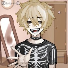 an anime character with blonde hair and black shirt holding his hand up in front of the camera