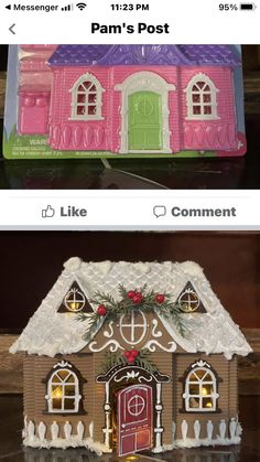 two pictures of a pink and green house with decorations on the roof, one has a door