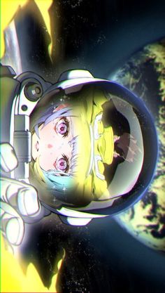 an animated image of a man in space looking at the earth from inside a spaceship