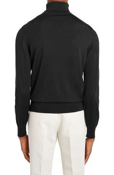 Treat yourself to the luxurious look and feel of this Italian-crafted turtleneck sweater made from warm merino wool. 24 1/2" length (size 48) Turtleneck Long sleeves 100% wool Dry clean Made in Italy Men's Designer Clothing Elegant Black Fine Knit V-neck Sweater, Classic Wool Turtleneck With Ribbed Cuffs, Classic Wool Funnel Neck Polo Sweater, Elegant Cashmere V-neck Sweater With Ribbed Cuffs, Elegant Black V-neck Sweater For Work, Classic Fitted Wool V-neck Sweater, Classic Wool Turtleneck With Ribbed Collar, Luxury Wool Sweater For Work, Luxury Black Wool Cardigan