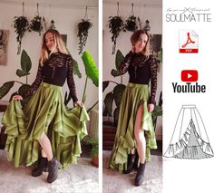 the woman is wearing a green skirt with black lace top and high heeled boots