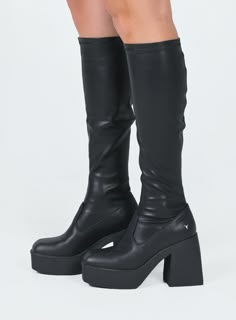 Boots Faux leather material Fitted at leg Block heel Platform base Square toe Good stretch Heel height: 11cm / 4.3in Black Gogo Boots, Black Ankle Heel Boots, Club Boots, Windsor Smith Shoes, Long Leather Boots, Knee High Platform Boots, Barbie Sets, Festival Shoes, Windsor Smith