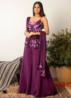 PURPLE TIE & DYE PALAZO SET Dhwaja - Fabilicious Fashion Plazo Outfits, Function Dresses, Tie Dye Fashion, Crystals Beads, Beads Embroidery, Kurti Designs Party Wear, Indian Bridal Fashion, Purple Tie Dye, Dress Indian Style